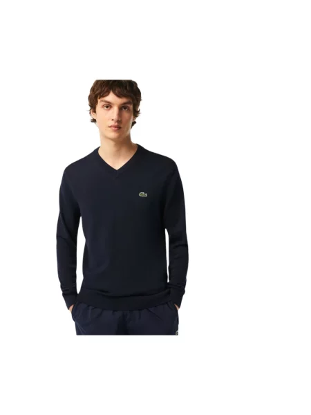 Sweter Lacoste z dekoltem w serek niebieski