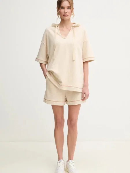 MM bluza z domieszką lnu z kapturem melanżowa beżowy