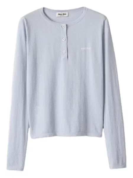 Tricou Miu Miu din cașmir cu guler henley albastru