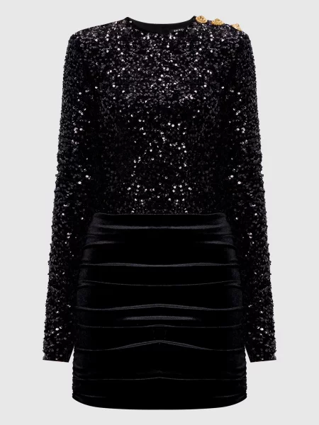 Велюрова сукня з паєтками Balmain чорна