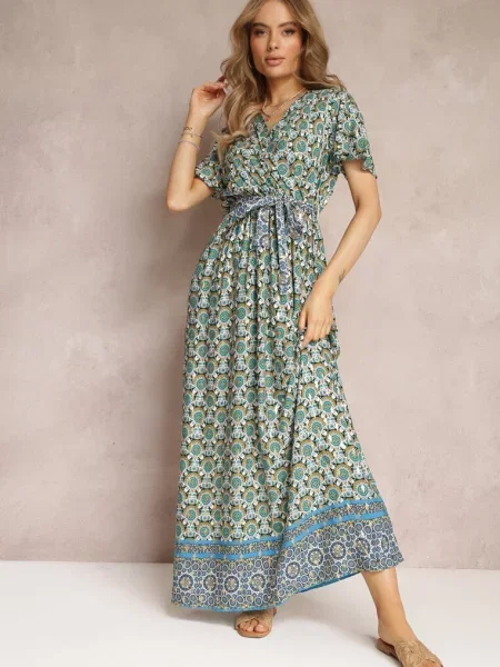 Miętowo-Zielona Sukienka Maxi z i Gumką w Talii w Ornamentalny Wzór Calvim zielona