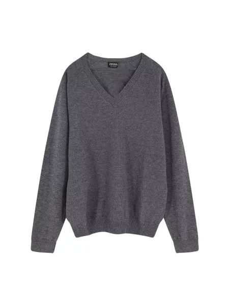 Sweter Zegna z kaszmiru z dekoltem w serek szary
