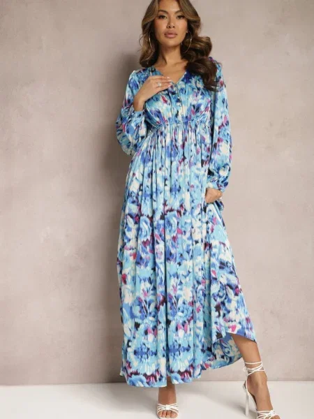 Rochie Maxi Satinată cu Imprimeu Abstract Arcadina albastră