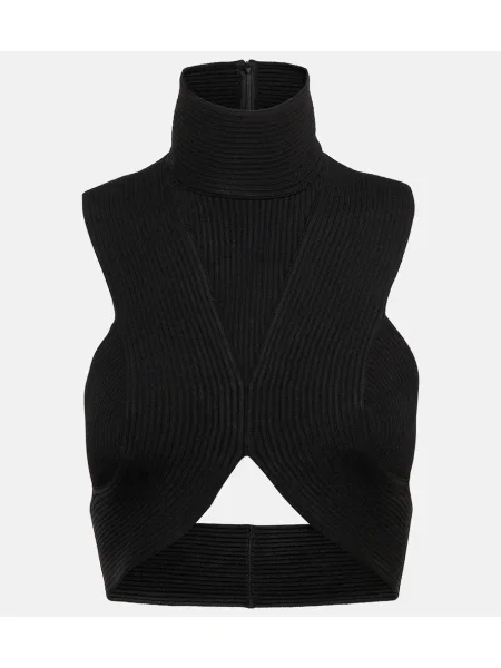 Dzianinowy top Alaã¯a z dekoltem halter prążkowany czarny
