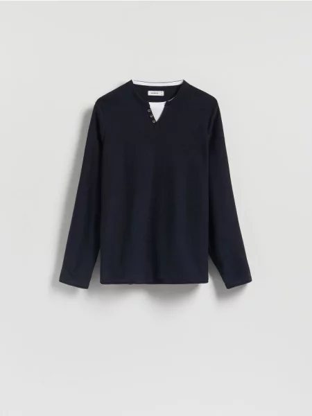 Reserved Tricou cu mânecă lungă Henley bleumarin
