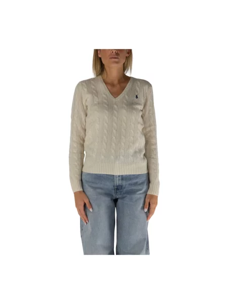 Sweter Polo Ralph Lauren z dekoltem w serek wełniany beżowy