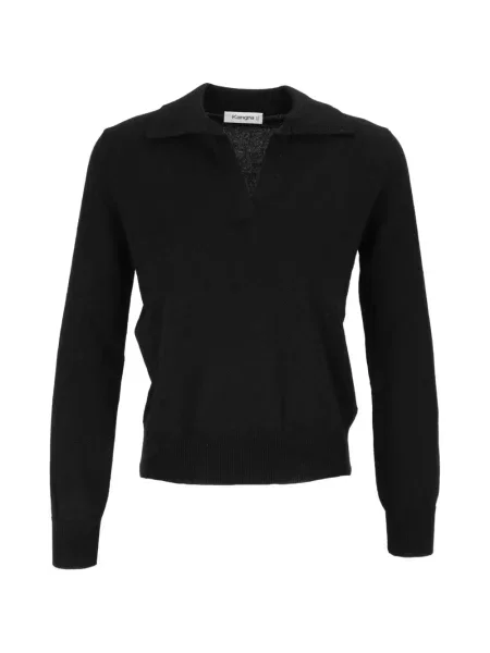 Lung tricou polo Kangra cu decolteu în V negru