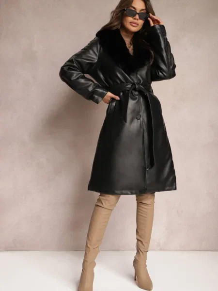 Palton din Piele Ecologică cu Guler din Blană și în Talie Talra negru
