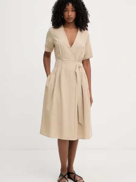 Twinset sukienka kopertowa z lnem beżowa