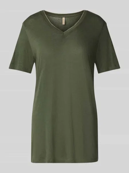 T-shirt z prążkowanym dekoltem w serek model ‘EMEL’ Soyaconcept