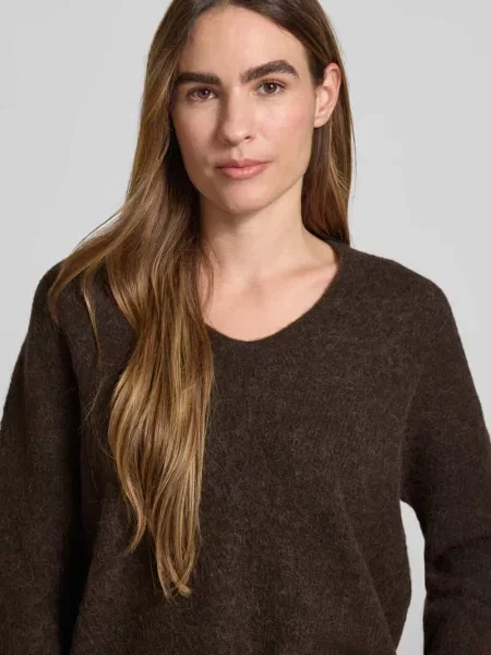 Dzianinowy sweter Mos Mosh z dekoltem w serek elegancki brązowy