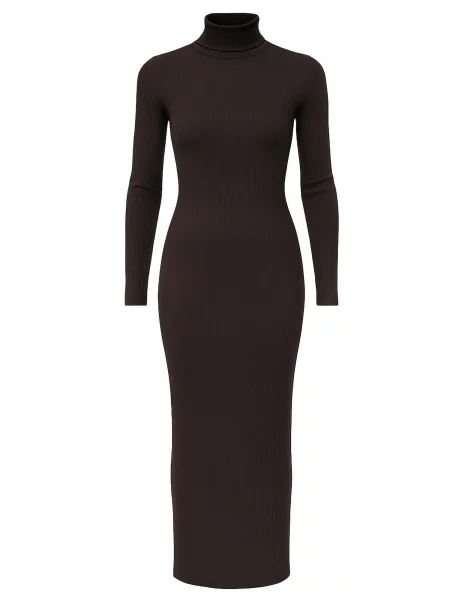 PANTHEROAR Úpletové šaty High Neck Long Dress tmavě hnědá