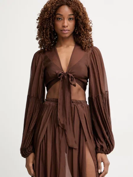 Haveone bluzka z dodatkiem jedwabiu brązowa