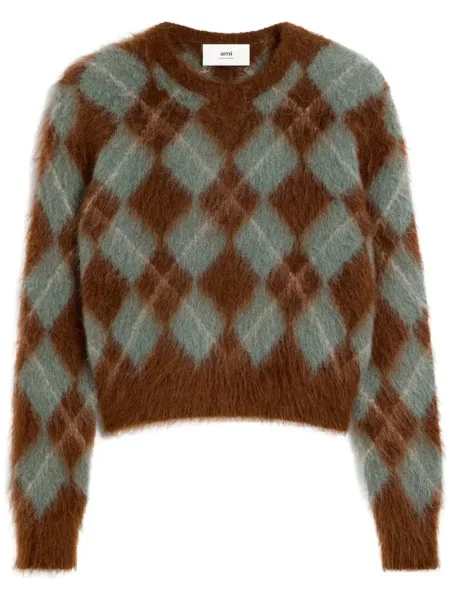 Sweter Ami Paris wełniany z wzorem argyle brązowy