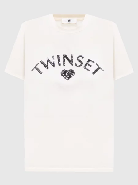 Футболка з вишивкою логотипа з паєтками Twinset бежева