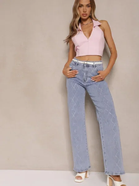 Jeansy Szerokie Ozdobione Cyrkoniami z Bawełną Nelkio niebieskie