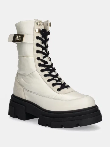 Боти Tommy Hilfiger BIKER LEATHER MIX LACE-UP с равна подметка бяло