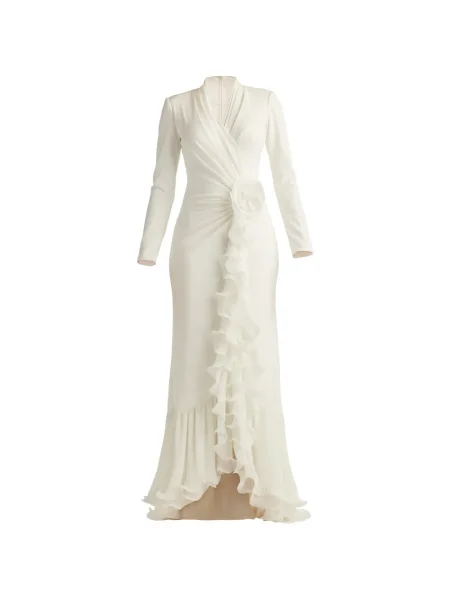 Rochie maxi Tadashi Shoji cu model floral cu decolteu în V de costum alb