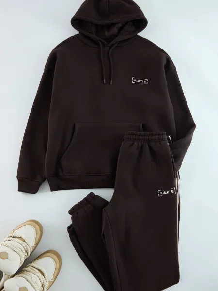 Haftowany szeroki komplet dresowy Trendyol polarowy brązowy