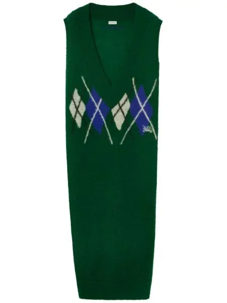 Rochie maxi Burberry de lână cu model argyle verde