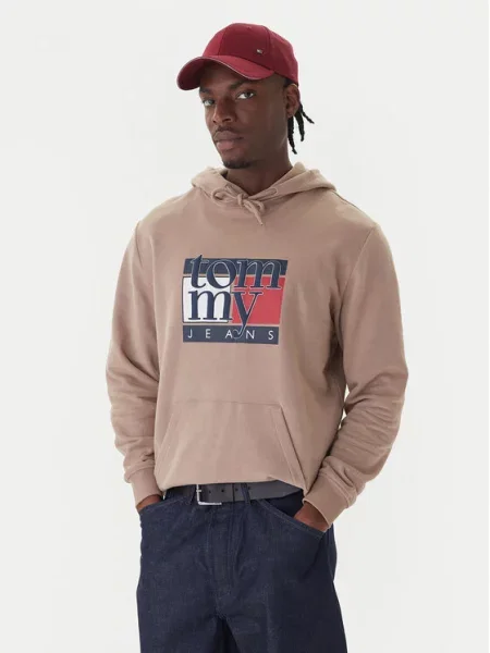 Tommy Jeans bluza beżowy z kapturem z nadrukiem brązowa