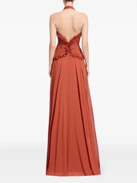 Rochie maxi Elie Saab de mătase cu decolteu în V de costum portocaliu