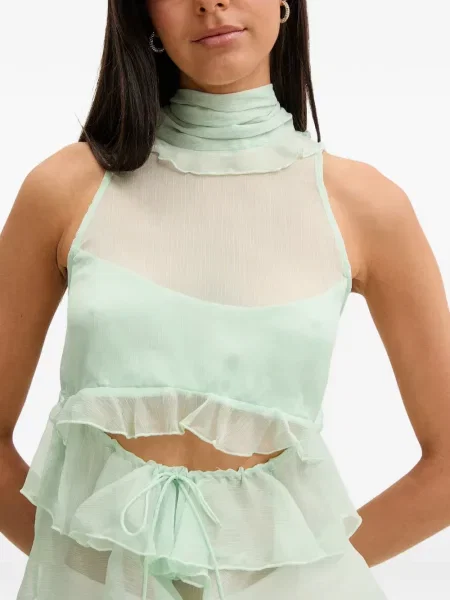 Bluză Bardot fără mâneci cu volane verde