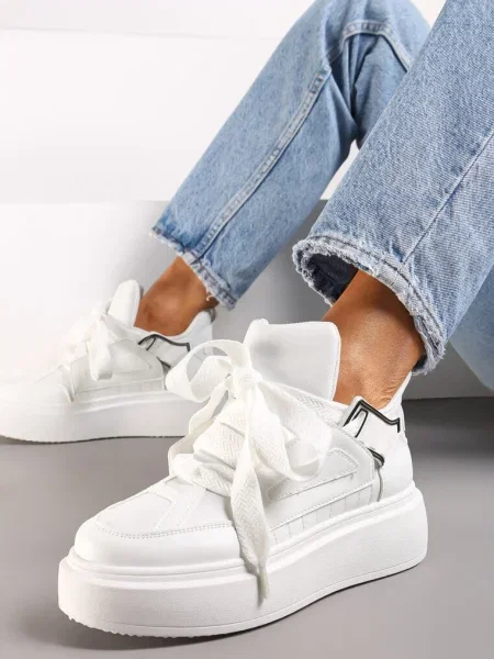 Sneakersy Na Niskiej Platformie z Szerokimi Sznurówkami we Wzorek Vidira białe