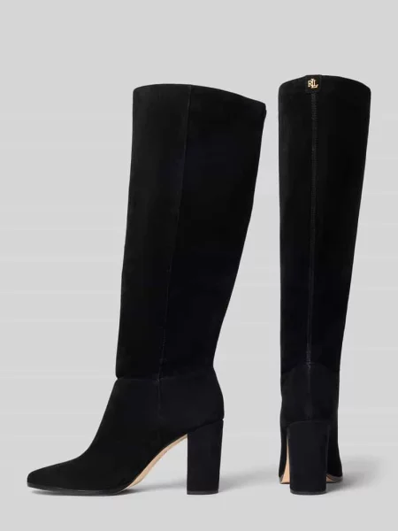 Kozaki z naturalnej skóry welurowej z detal z logo model ARTIZAN TALL' Lauren Ralph Lauren czarne