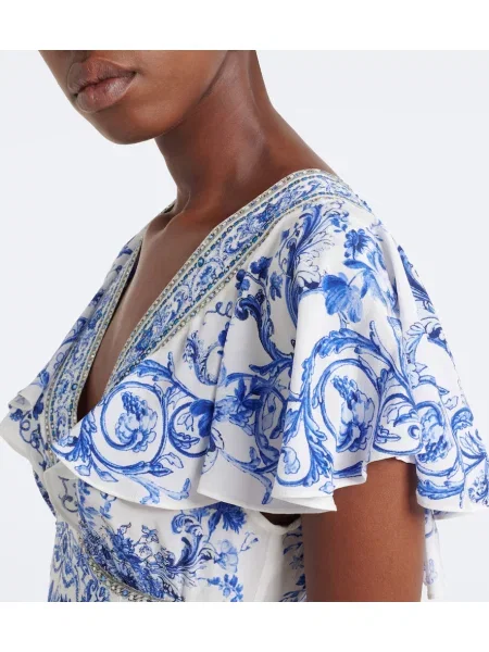 Rochie maxi Camilla de mătase cu model floral alb