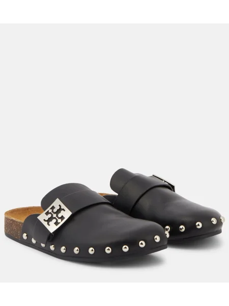 Papuci de casă Tory Burch din piele cu tepi negru