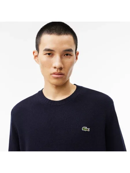 Lacoste Sweter Z Okrągłym Dekoltem Z Karbowanej Wełny granatowy