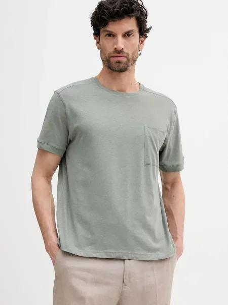 Тениска с лен United Colors of Benetton розово с изчистен дизайн зелено