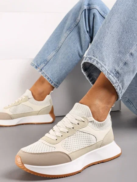Sneakerși cu Carâmb Tip Șosetă și Șiret Decorativ pe Talpă Groasă Pirtia bej