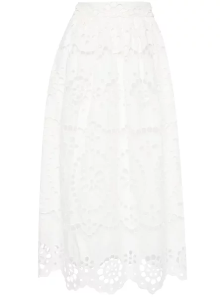 Fustă midi Zimmermann cu broderie de in până la genunchi alb