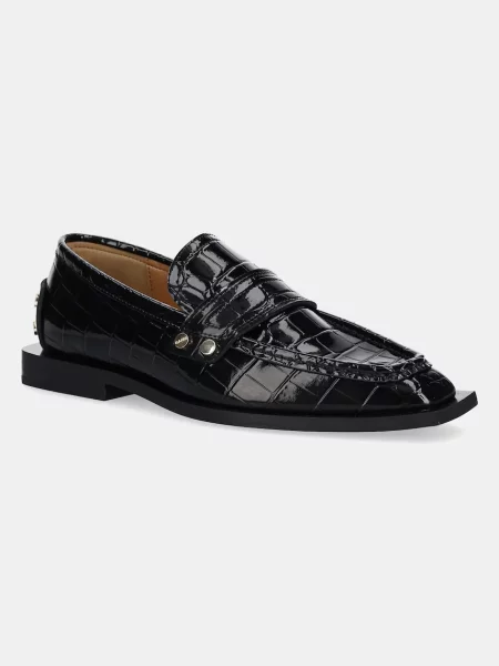 GANNI mocasini Studs Square Toe Loafer Shiny Croco cu plat negru