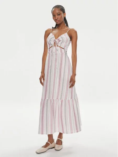 Pepe Jeans sukienka lniana midi rozkloszowana biała