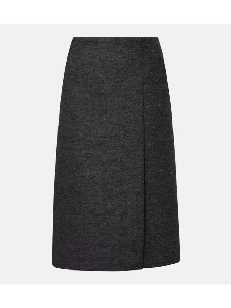 Fustă midi Prada de lână până la genunchi cu crăpătură gri