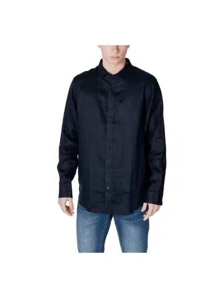 Lniana koszula Armani Exchange z długim rękawem z kołnierzem niebieska