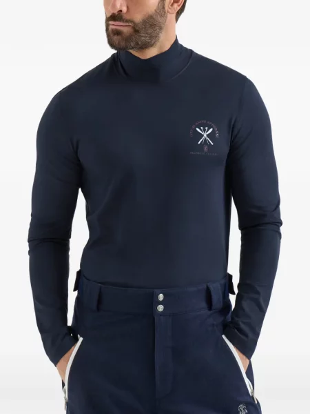 Tricou Brunello Cucinelli cu broderie de mătase cu mâneci lungi albastru