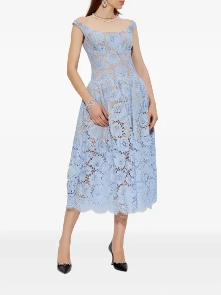 Rochie midi Self-portrait cu model floral din dantelă până la genunchi albastru