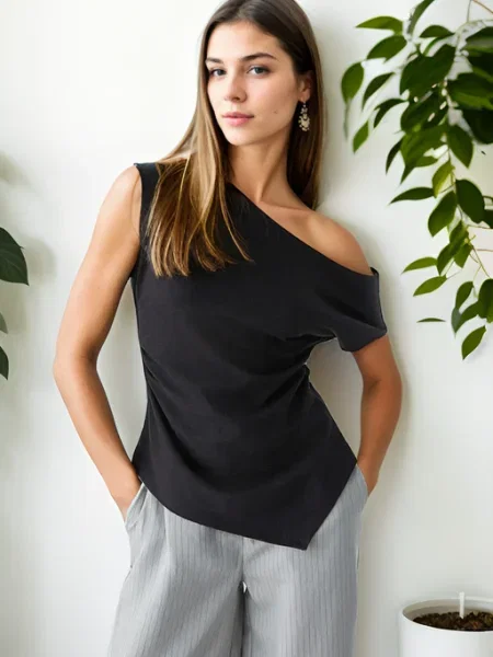 Kołnierzykowy bluzka Dewberry asymetryczna czarna