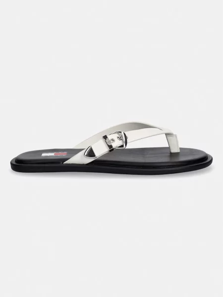 Tommy Jeans japonke usnjene TJW FLAT LEATHER SANDALS bež