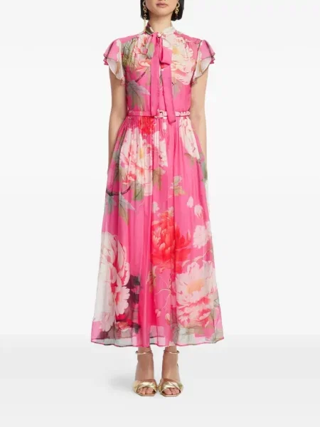 Rochie midi Leo Lin cu model floral cu volane până la genunchi roz