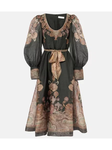 Lanena midi obleka Zimmermann črna