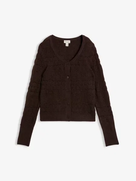 Sweter z zapięciem na z ażurowej dzianiny brązowy