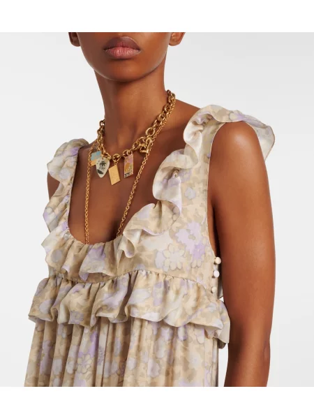 Rochie maxi Chloé de mătase cu model floral cu volane