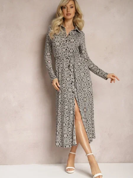 Sukienka Maxi o Taliowanym Kroju z w Geometryczny Wzór Perani czarna