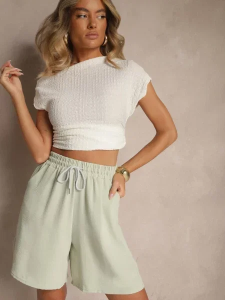 Jasnozielone Szorty z Bawełną High Waist Ozdobione Sznurkiem Talanisse zielone