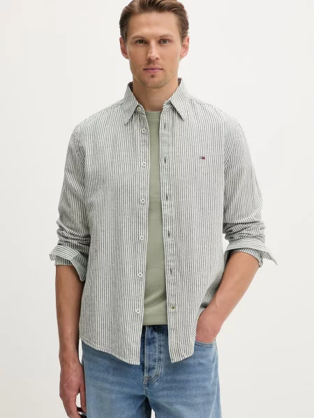 Tommy Jeans πουκάμισο ανδρικό με λινό πράσινο